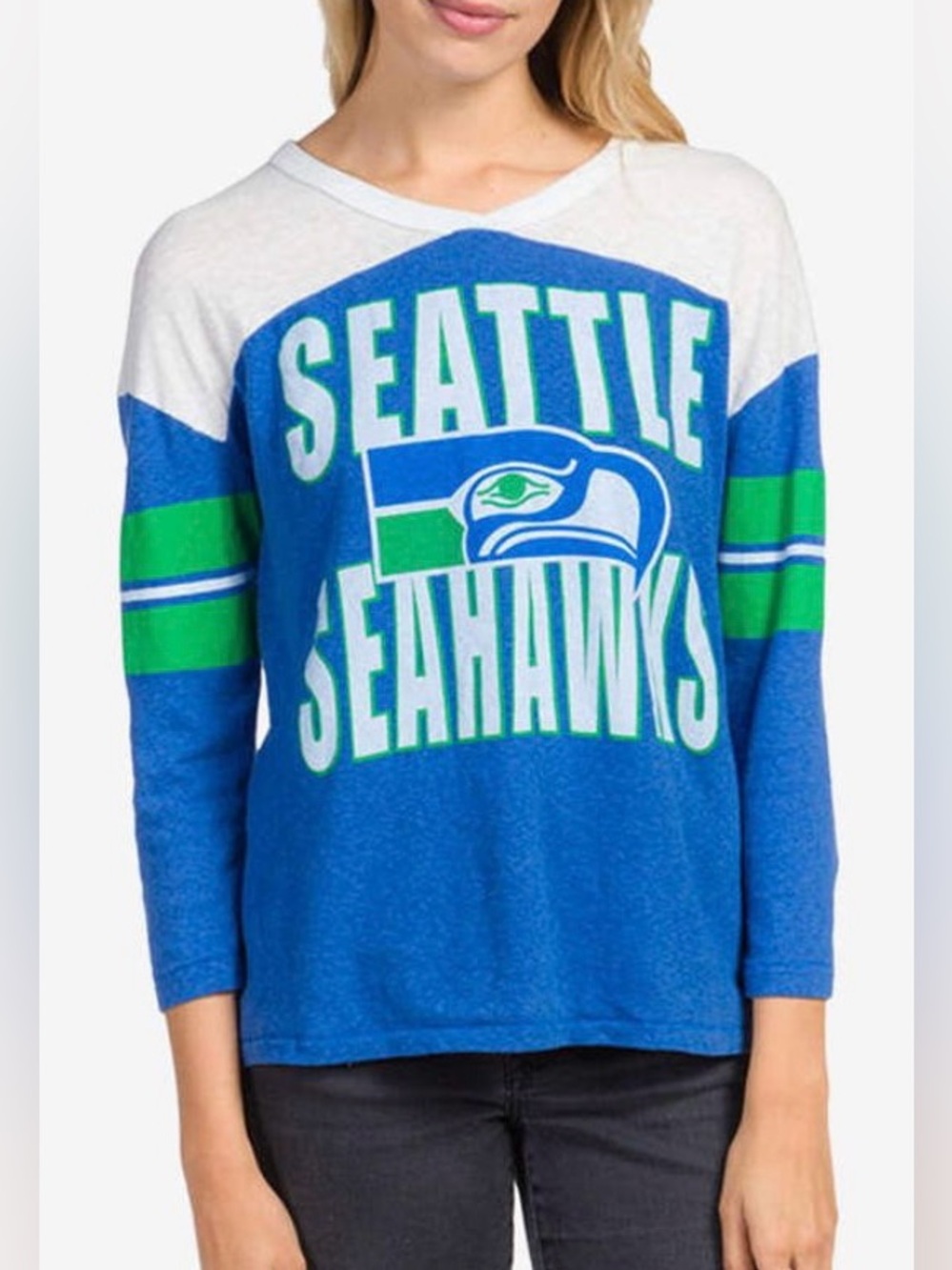 Junk Food  Women’s Seattle Seahawks Throwback 3/4 sleeve T shirt Jersey 
Sz XL